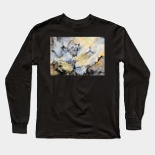 Blue, Gold and Grey Marble effect, Abstract Art Long Sleeve T-Shirt